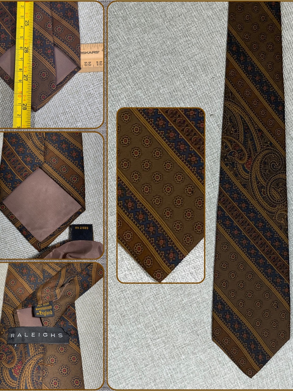 Vintage Raleighs All Silk Hand Blocked England Paisley Stripe Necktie